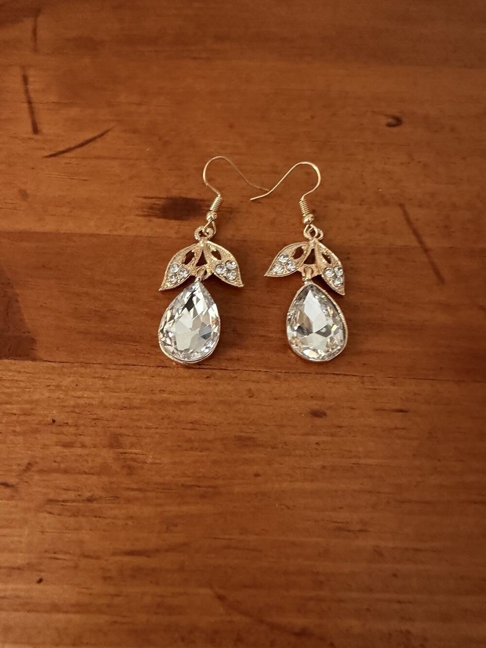 Gold Plated Leaf Crystal Teardrop Dangle Earrings Bridal Prom Statement
